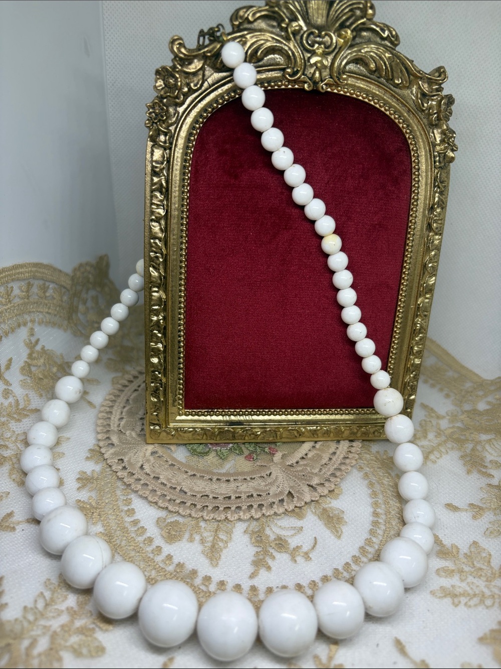 Vintage 1980s White Celluloid Bead Necklace 23” 80s Glam Statement Jewelry